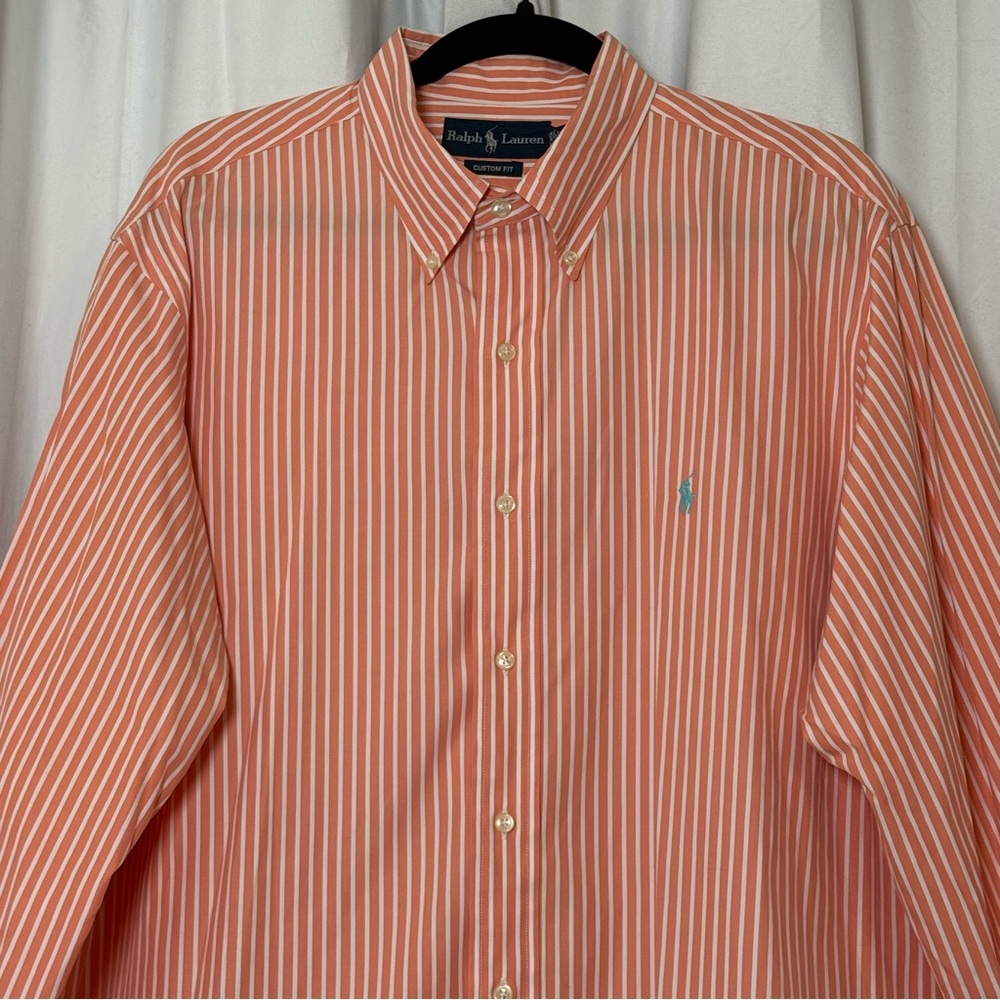 Ralph Lauren Custom Fit Striped Button Down Shirt Mens 17.5 XL Orange White - Picture 3 of 10